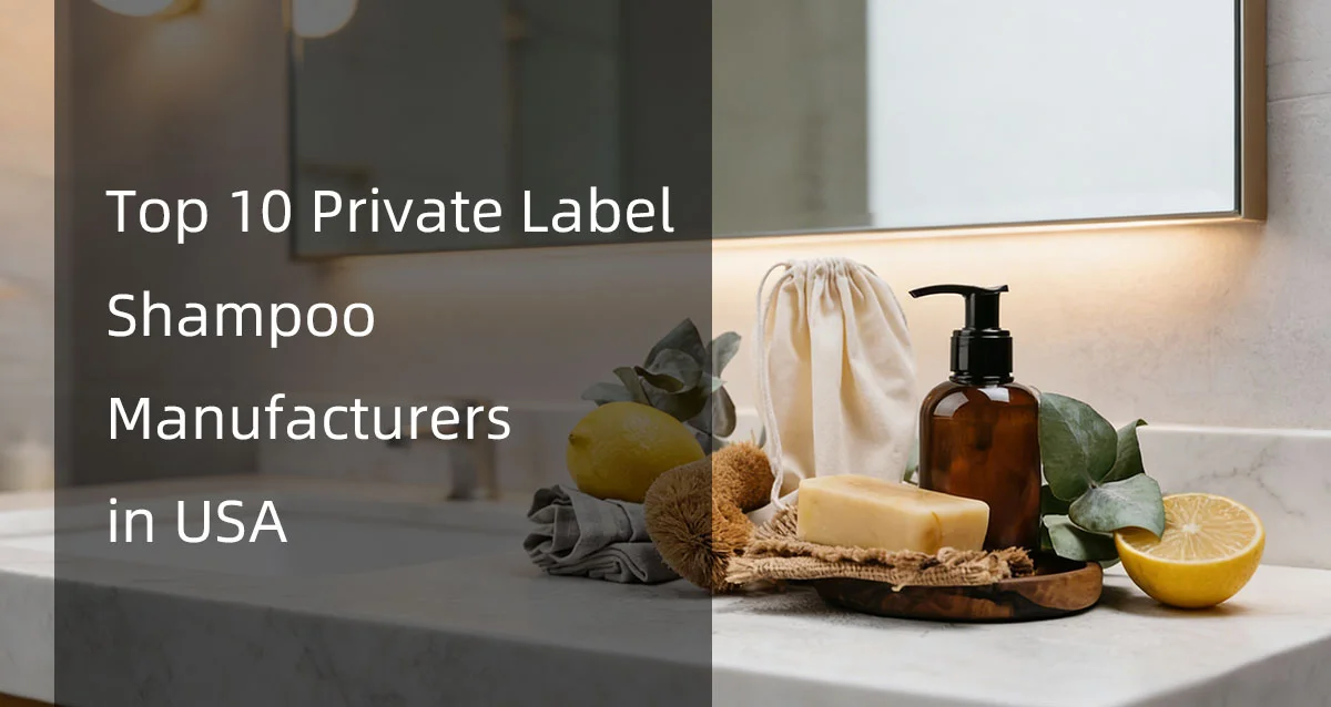 Bathroom countertop with shampoo bottle, soap, lemon, and text 'Top 10 Private Label Shampoo Manufacturers in USA'.